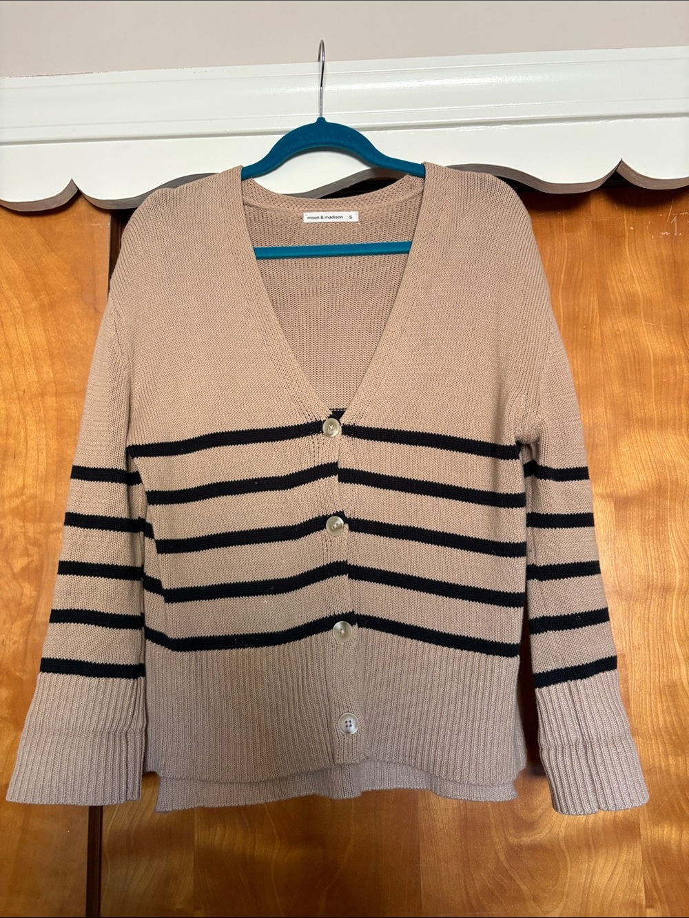 moon & madison Beige V-Neck Striped Cardigan with Black Bands